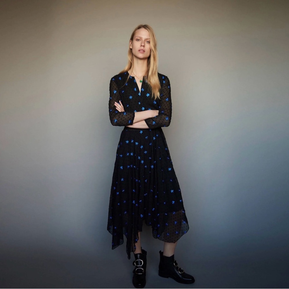 Maje Black Floral Handkerchief Dress. Size 1